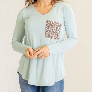 Zenana Aqua Long Sleeve Top with Leopard Pocket